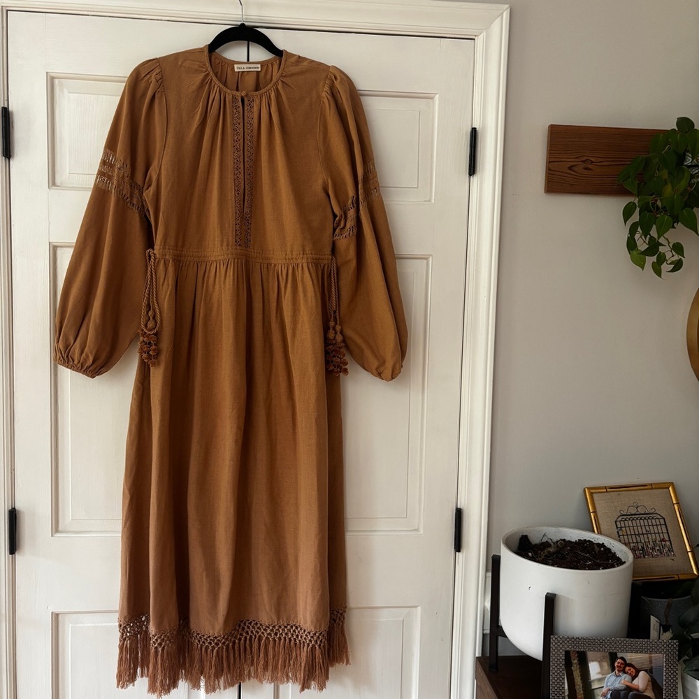Ulla Johnson Raw Silk Kalea Midi Dress Clay Size 4 Fringe Boho‎ Bohemian Fringe - Picture 3 of 14